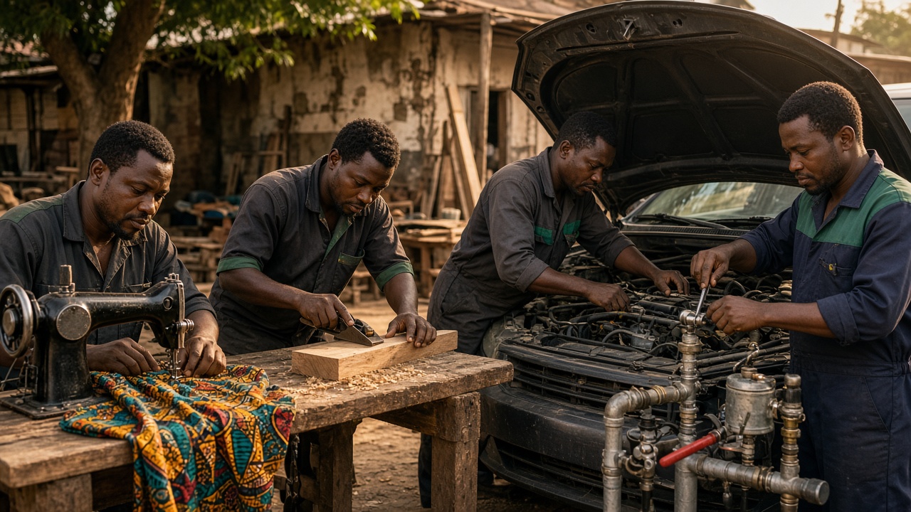 Artisans at work in Ogun State: tailoring, carpentry, motor mechanics and plumbing